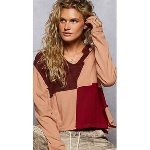 POL Patchwork Long Sleeve Top Raw Hem Distressed Earth Tones Size S